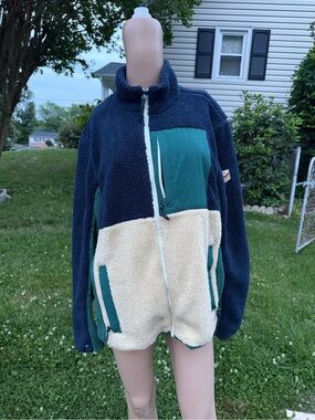 Marine Layer Navy, Teal & Cream Colorblock Teddy Jacket